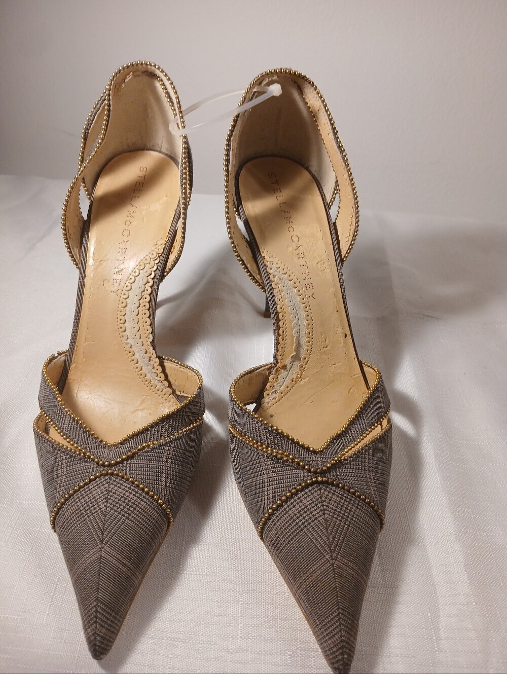 Stella McCartney Gray Pointed Toe Slingback Heels with Gold Trim